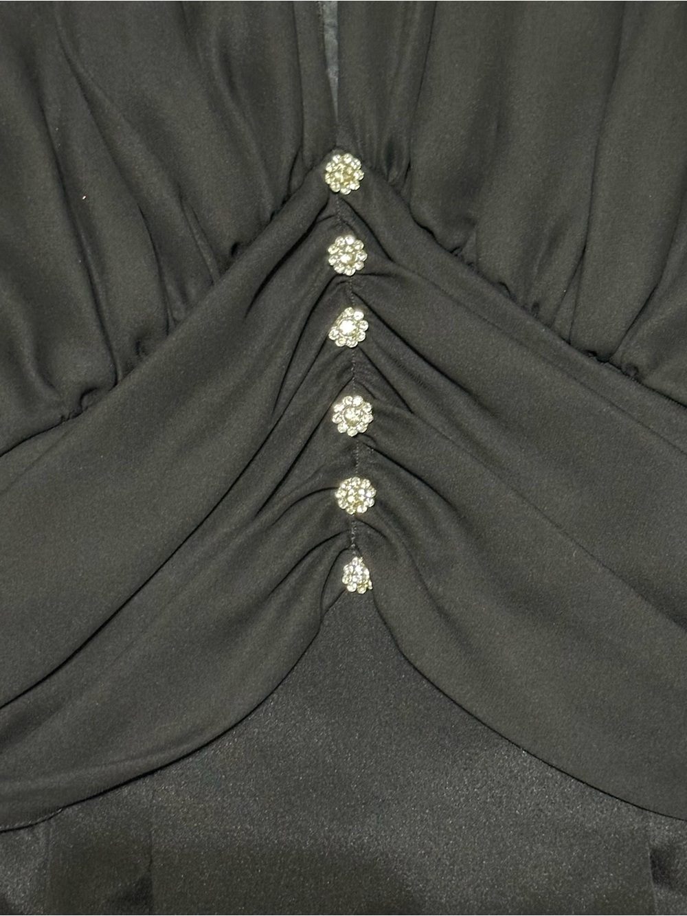 Black Ruched Front Mini Dress with Rhinestone Buttons - Picture 3 of 6